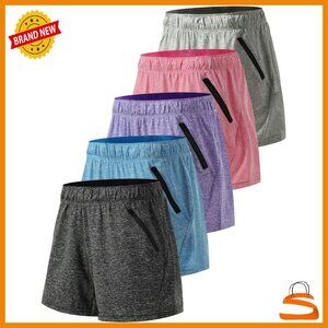 Women's Workout Shorts 5-Pack with Zipper Pockets Moisture-Wicking